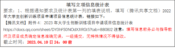 填写立项信息统计表要求：1、根据通知要求及统计表第一列的填表说明，填写（腾讯共享文档）2022年大学生创新训练项目申请项目信息统计表，链接如下：【腾讯文档】附件4：2023年大学生创新训练项目申请项目信息统计表https://docs.qq.com/sheet/DY3hFS0NOdXJIRGt5?tab=BB08J2注意：填写信息前务必与指导教师及项目成员确定信息准确无误，一经提交，无特殊情况不得修改。截止时间：2023.04.10日24：00前